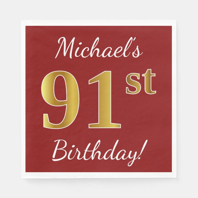 Serviette En Papier Rouge, Faux Gold 91e anniversaire + Nom personnali (Devant)