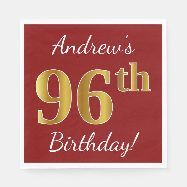 Serviette En Papier Rouge, Faux Gold 96e anniversaire + Nom personnali (Devant)