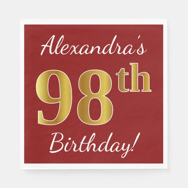 Serviette En Papier Rouge, Faux Gold 98e anniversaire + Nom personnali (Devant)