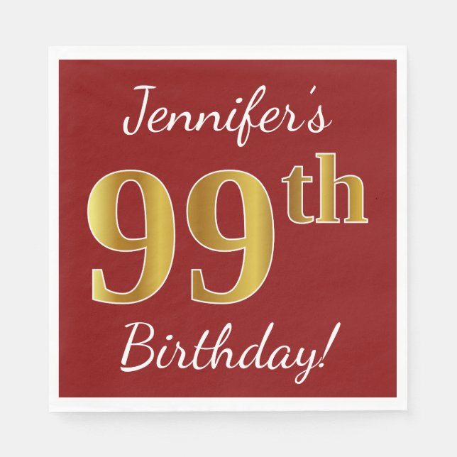 Serviette En Papier Rouge, Faux Gold 99e anniversaire + Nom personnali (Devant)
