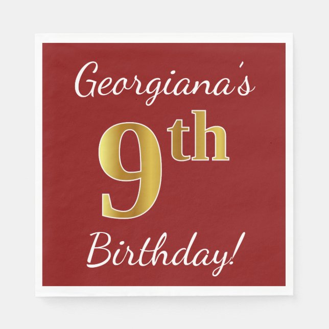 Serviette En Papier Rouge, Faux Gold 9e anniversaire + Nom personnalis (Devant)