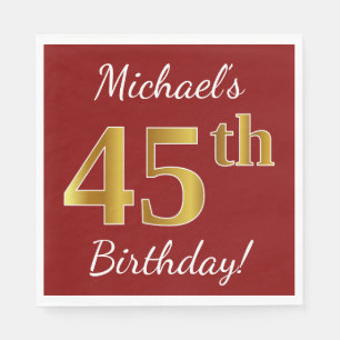Serviette En Papier Rouge, Faux Or 45e Anniversaire + Nom Personnalisé