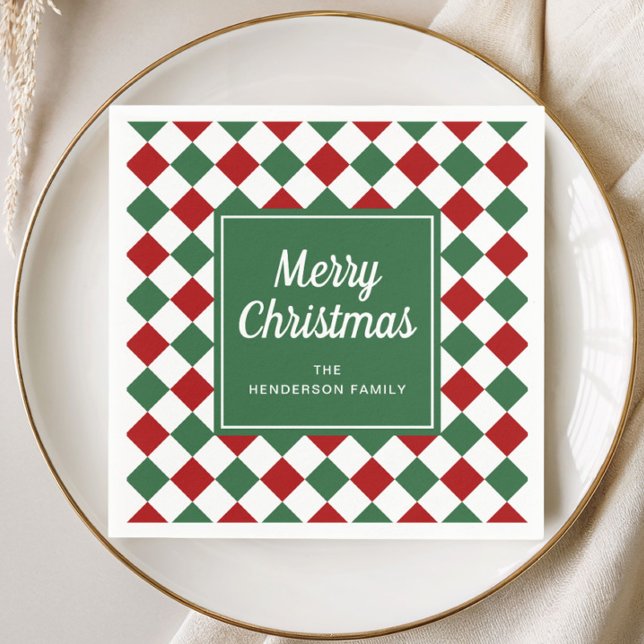 Serviette En Papier Rouge Festif Et Vérification De Noël Vert Joyeux N (Festive Red And Green Check Merry Christmas Napkins)