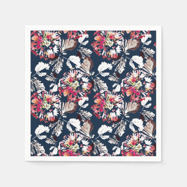 Serviette En Papier Rouge, fleurs blanches sur bleu. (Devant)