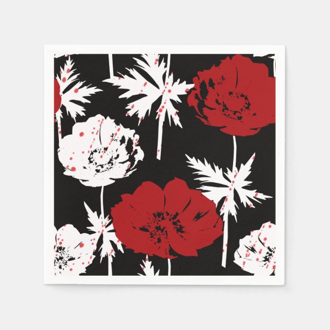 Serviette En Papier Rouge, fleurs blanches sur noir (Devant)