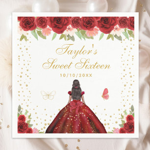 Serviette En Papier Rouge Floral Peau foncée Princesse Sweet sixteen