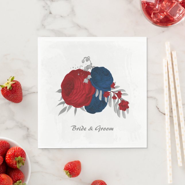 Serviette En Papier rouge foncé & bleu marine fleurs argent (En situation)
