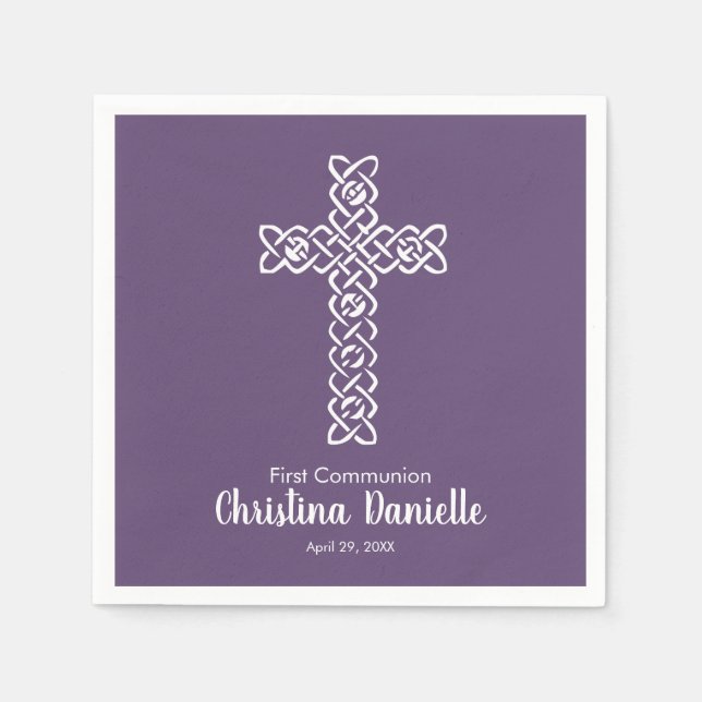 Serviette En Papier Rouge foncé croisé | Baptême Communion (Devant)