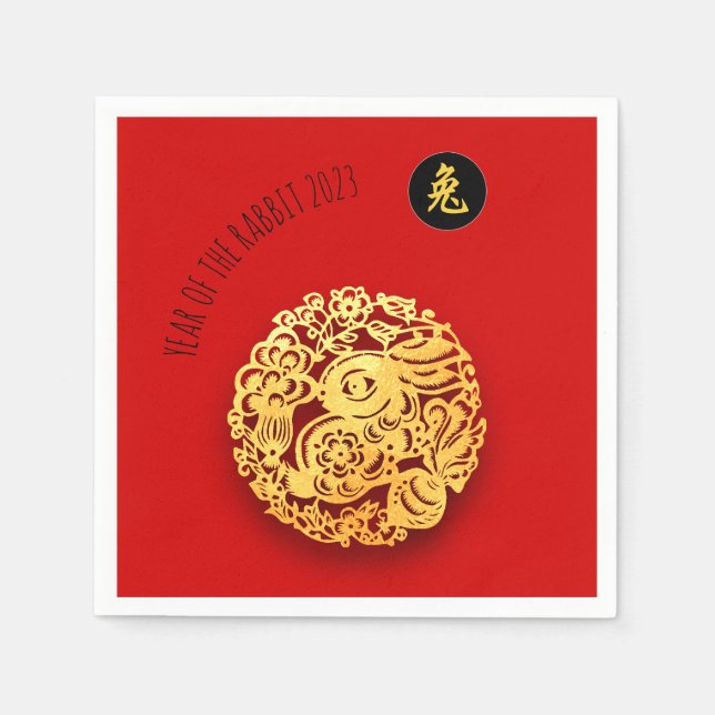 Serviette En Papier Rouge Golden Rabbit Papercut Chine Nouvel An 2023  (Devant)