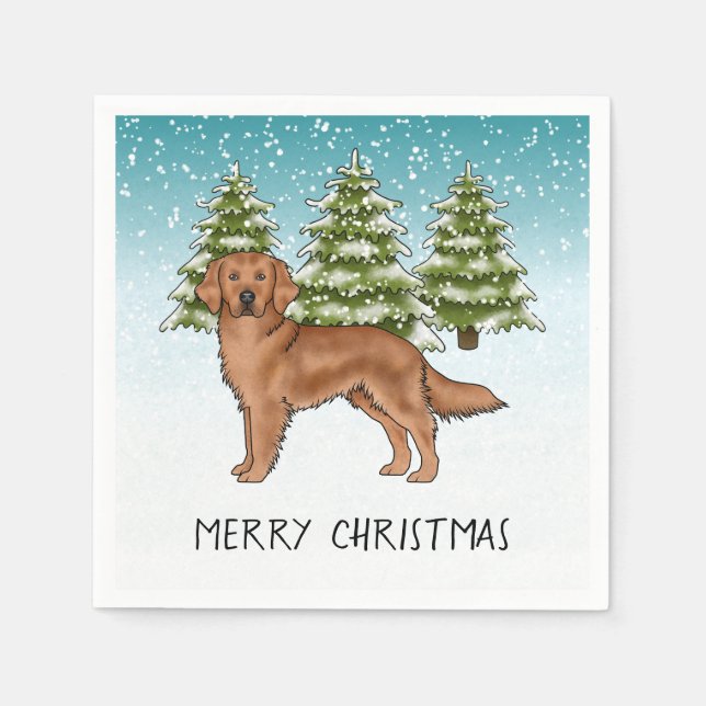 Serviette En Papier Rouge Golden Retriers Bleu hiver Noël (Devant)
