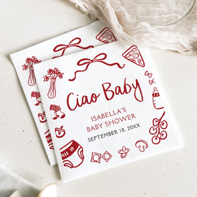 Serviette En Papier Rouge Italien Main Tirée Pizza Ciao Baby shower bé (Red Italian Hand Drawn Pizza Ciao Baby Baby Shower Napkins)