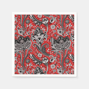 Serviette En Papier Rouge Noir & Blanc Floral Paisley Bohème Boho