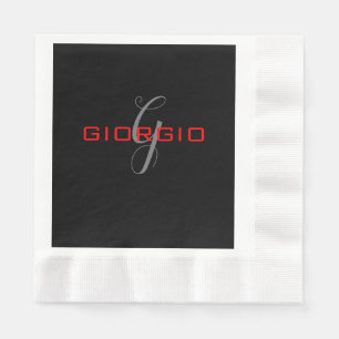 Serviette En Papier Rouge noir Votre nom Monogramme initial Moderne