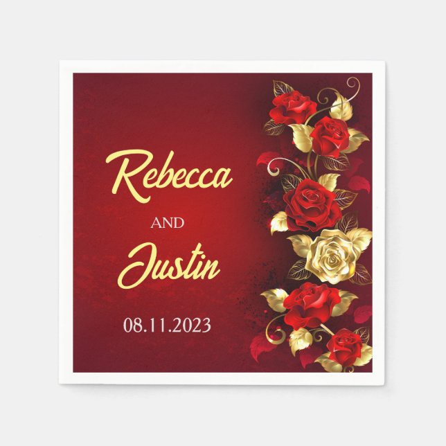Serviette En Papier Rouge or Floral moderne Boho (Devant)