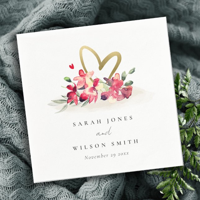 Serviette En Papier Rouge or Orchidée Coeur Floral Aquarelle Mariage (Créateur téléchargé)