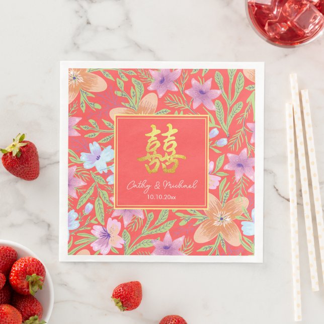Serviette En Papier Rouge Peranakan floral double xi mariage chinois (En situation)