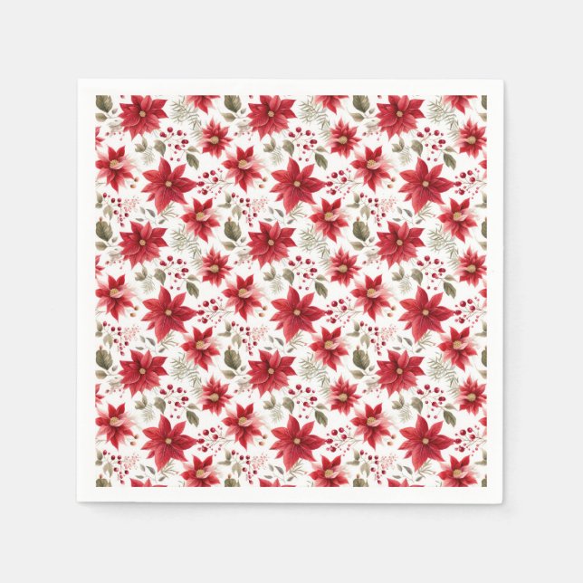 Serviette En Papier Rouge poinsettia Fleurs de Noël Berries Fêtes (Devant)