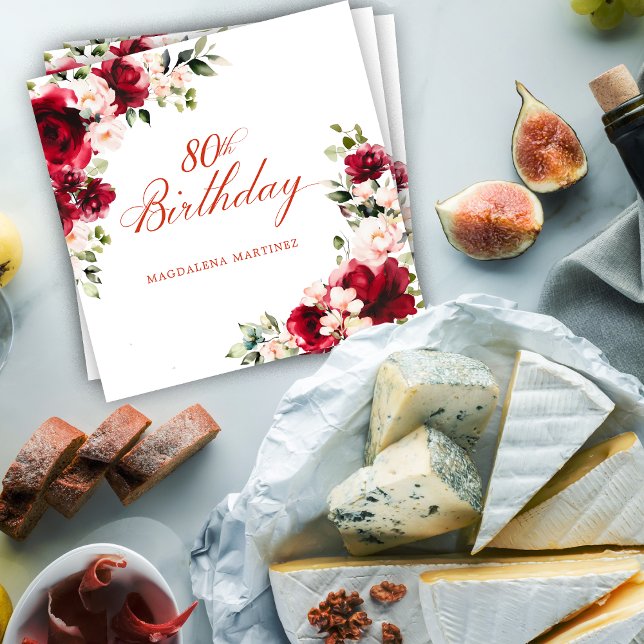 Serviette En Papier Rouge rose Floral 80e anniversaire Cocktail person (Créateur téléchargé)