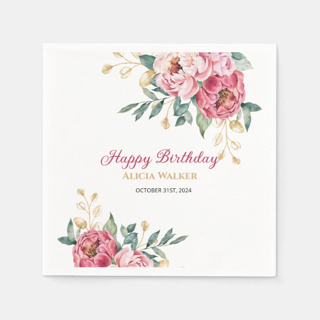 Serviette En Papier Rouge rose Peony Gold Leaf Verdure Anniversaire Br (Devant)