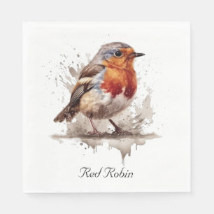 Serviette En Papier Rouge rouge de l'oiseau mignon en aquarelle