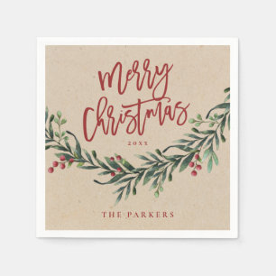 Serviette En Papier Rouge Rustique Merry Christmas avec feuillage en é