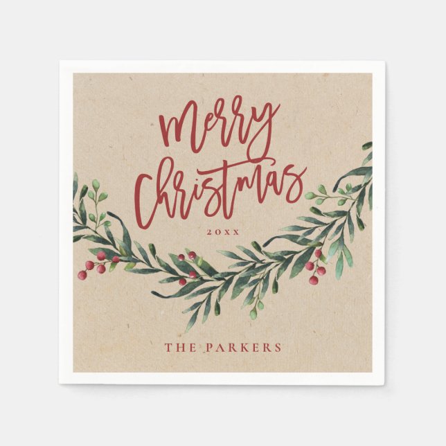 Serviette En Papier Rouge Rustique Merry Christmas avec feuillage en é (Devant)
