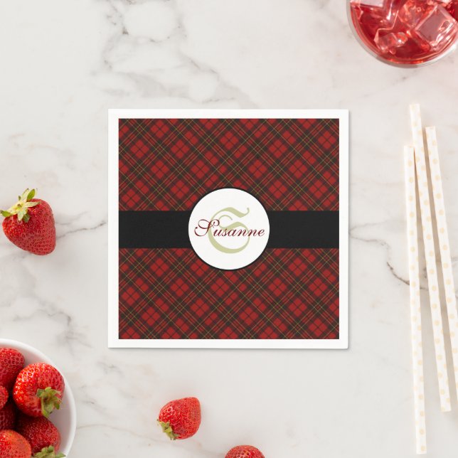 Serviette En Papier Rouge tartan Noël plaid hiver motif Monogramme (En situation)