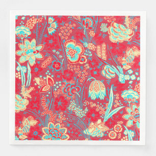 SERVIETTE EN PAPIER ROUGE TEINT BLEU SAUVAGE FLEURS TULIPES, FEUILLES 