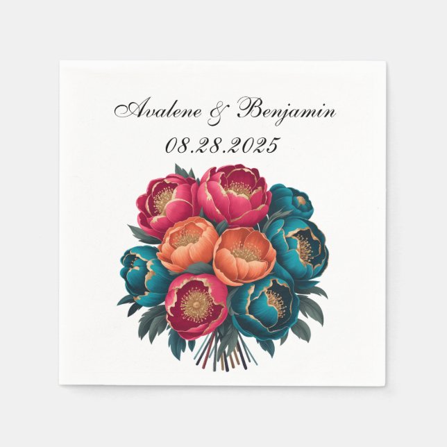 Serviette En Papier Rouge Turquoise Orange Peony Blooms Gold Trier Mar (Devant)
