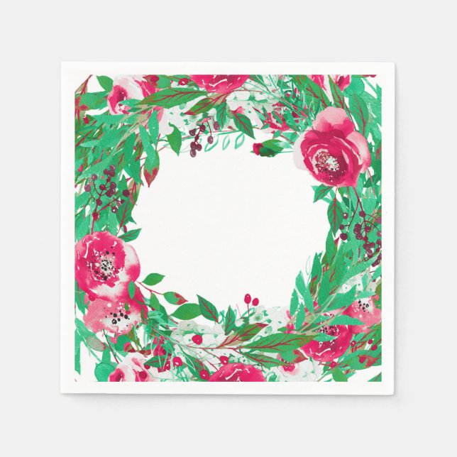 Serviette En Papier Rouge Vert Fête Noël Floral Fleurs Mariage (Devant)