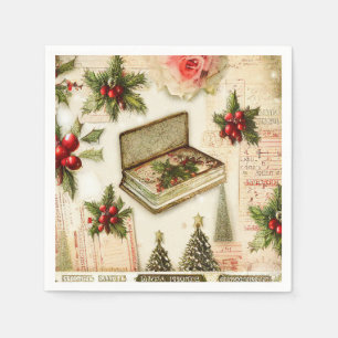 Serviette En Papier Rouge Vert Retro Vintage Noël Fêtes