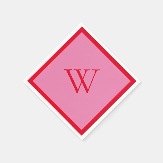 Serviette En Papier Rouge vif et monogramme rose (Coin)