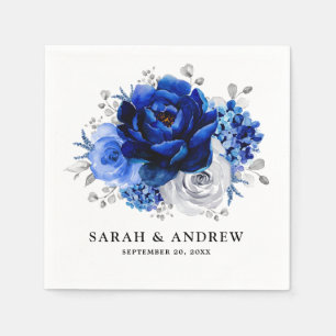 Serviette En Papier Royal Bleu Blanc Argent Métallo Mariage Floral