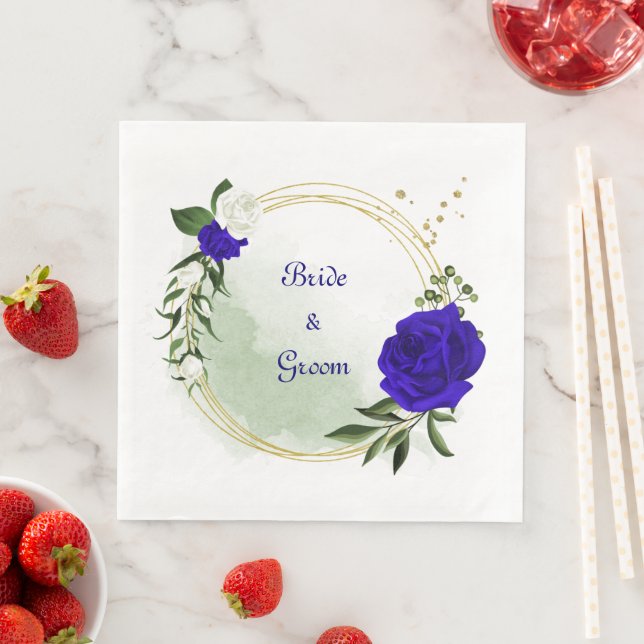 Serviette En Papier royal bleu & blanc fleurs verdure or couronne (En situation)