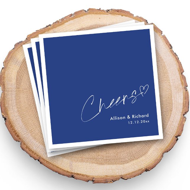Serviette En Papier Royal Bleu & Blanc | Mariage à la main (Personalized Royal Blue & White _ Cheers Hand-Lettered Wedding Napkins With Names and Date)