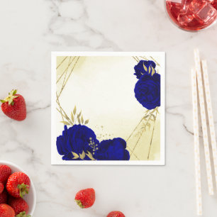 Serviette En Papier Royal bleu fleurs or feuille mariage