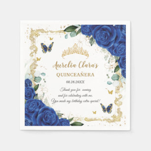 Serviette En Papier Royal Blue Floral Papillons Or Quinceañera 16