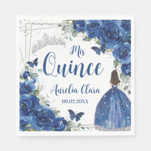 Serviette En Papier Royal Blue Floral Princess Silver Quinceañera