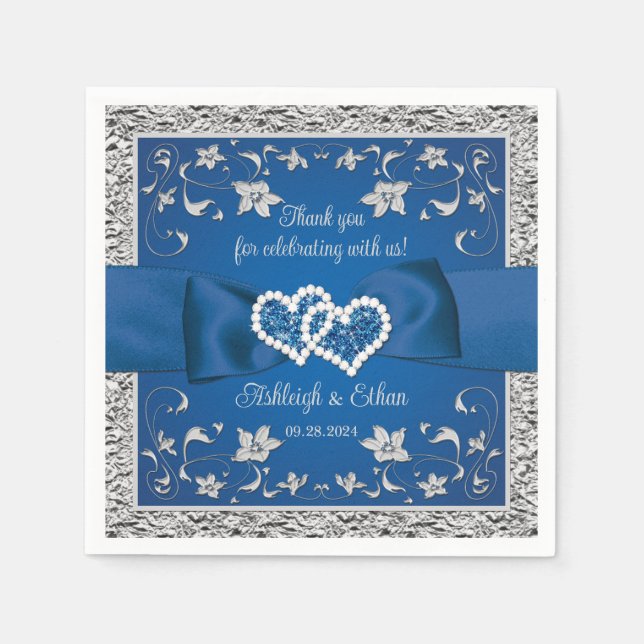 Serviette En Papier Royal Blue, Grey Love Hearts Mariage (Devant)