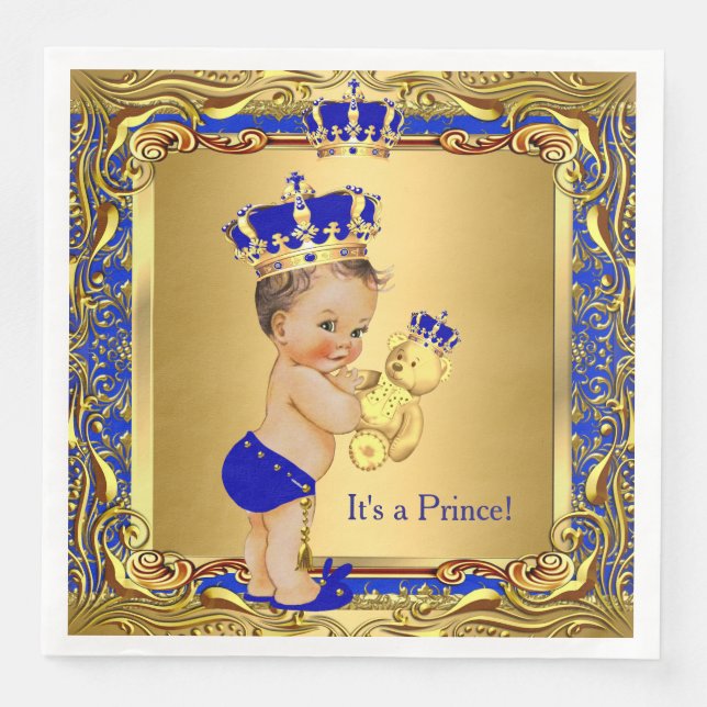 Serviette En Papier Royal Blue Prince Gold Baby shower de la Couronne  (Devant)