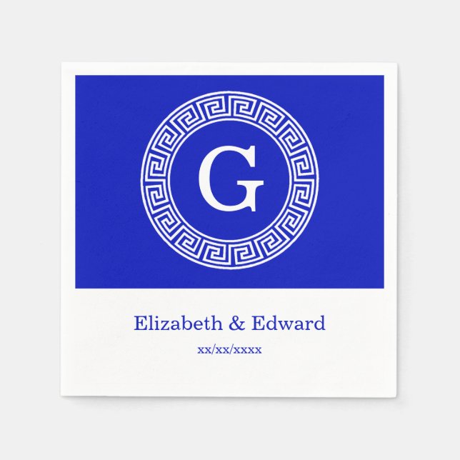 Serviette En Papier Royal Blue Wt Grèce clé cadre de ligne initiale Mo (Devant)