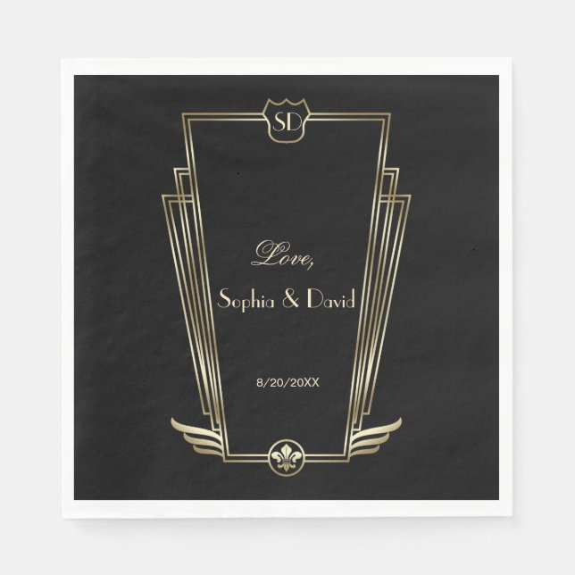 Serviette En Papier Royal Gold Art Deco Monogram Mariage (Devant)