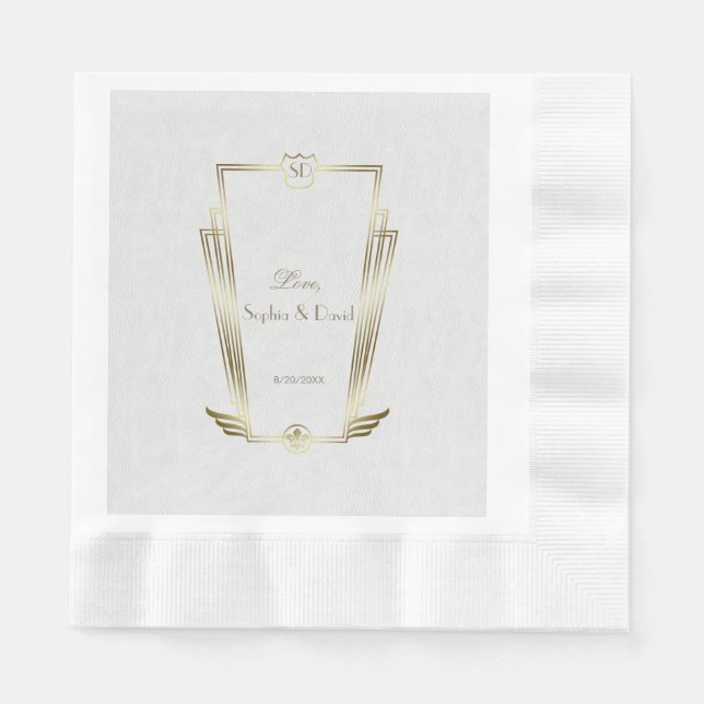 Serviette En Papier Royal Gold White Art Déco Mariage Monogramme (Devant)