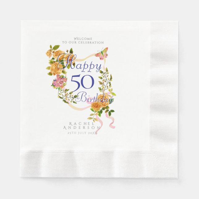 Serviette En Papier Ruban de rose dorée 50e anniversaire (Devant)