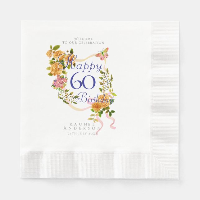 Serviette En Papier Ruban de rose dorée 60e anniversaire (Devant)