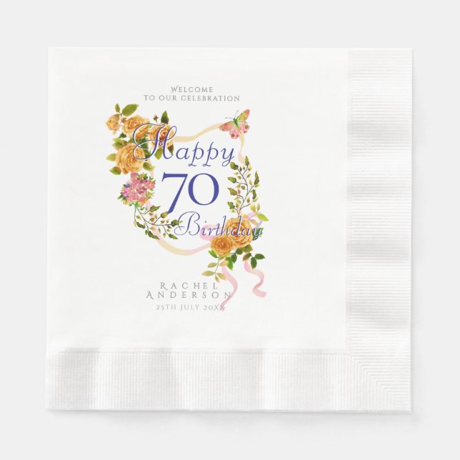 Serviette En Papier Ruban de rose dorée 70e anniversaire (Devant)