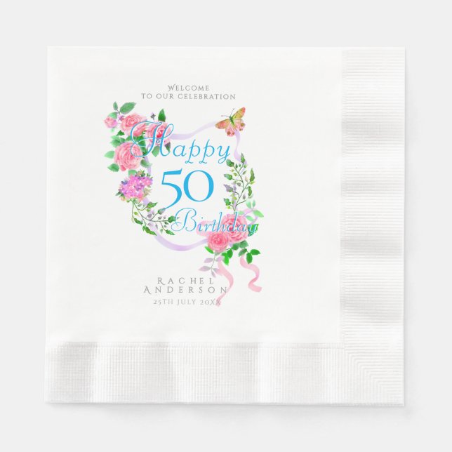 Serviette En Papier Ruban de rose rose 50e anniversaire (Devant)