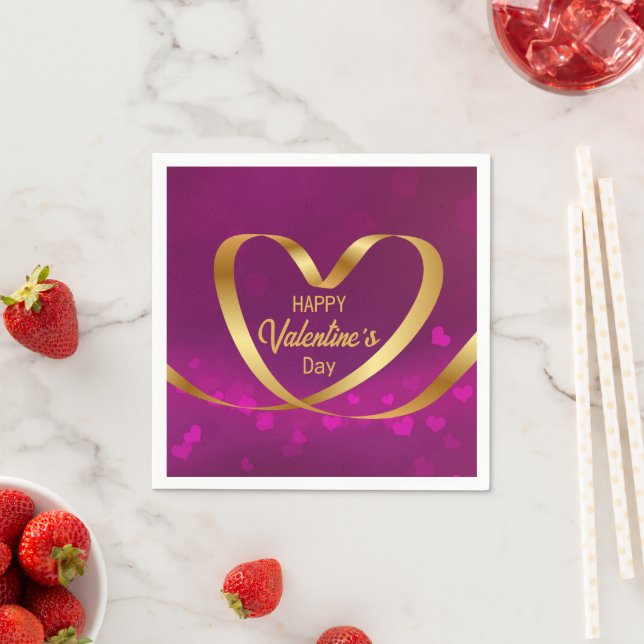 Serviette En Papier Ruban Heureuse Sainte-Valentin Purple Gold Heart (En situation)