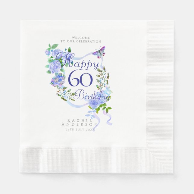 Serviette En Papier Ruban Rose Bleu 60e Anniversaire (Devant)