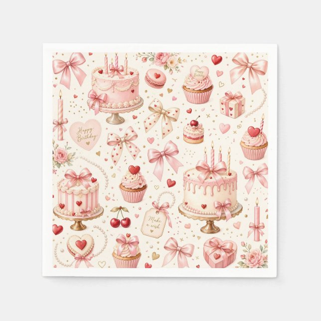 Serviette En Papier Ruban rose Joyeux anniversaire  (Devant)